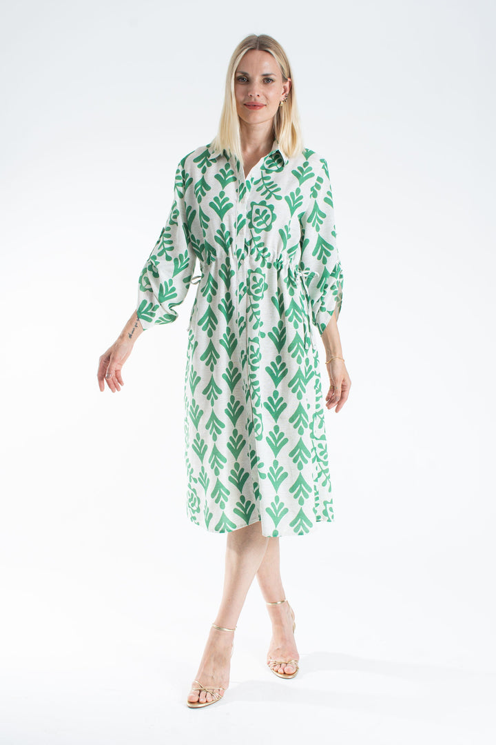 Linen Leaf Print Midi Shirt Dress - Green