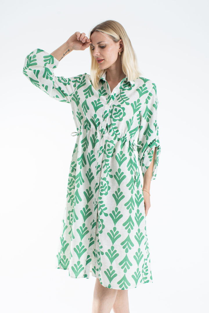 Women’s Linen Blend Leaf Print Midi Shirt Dress - Green