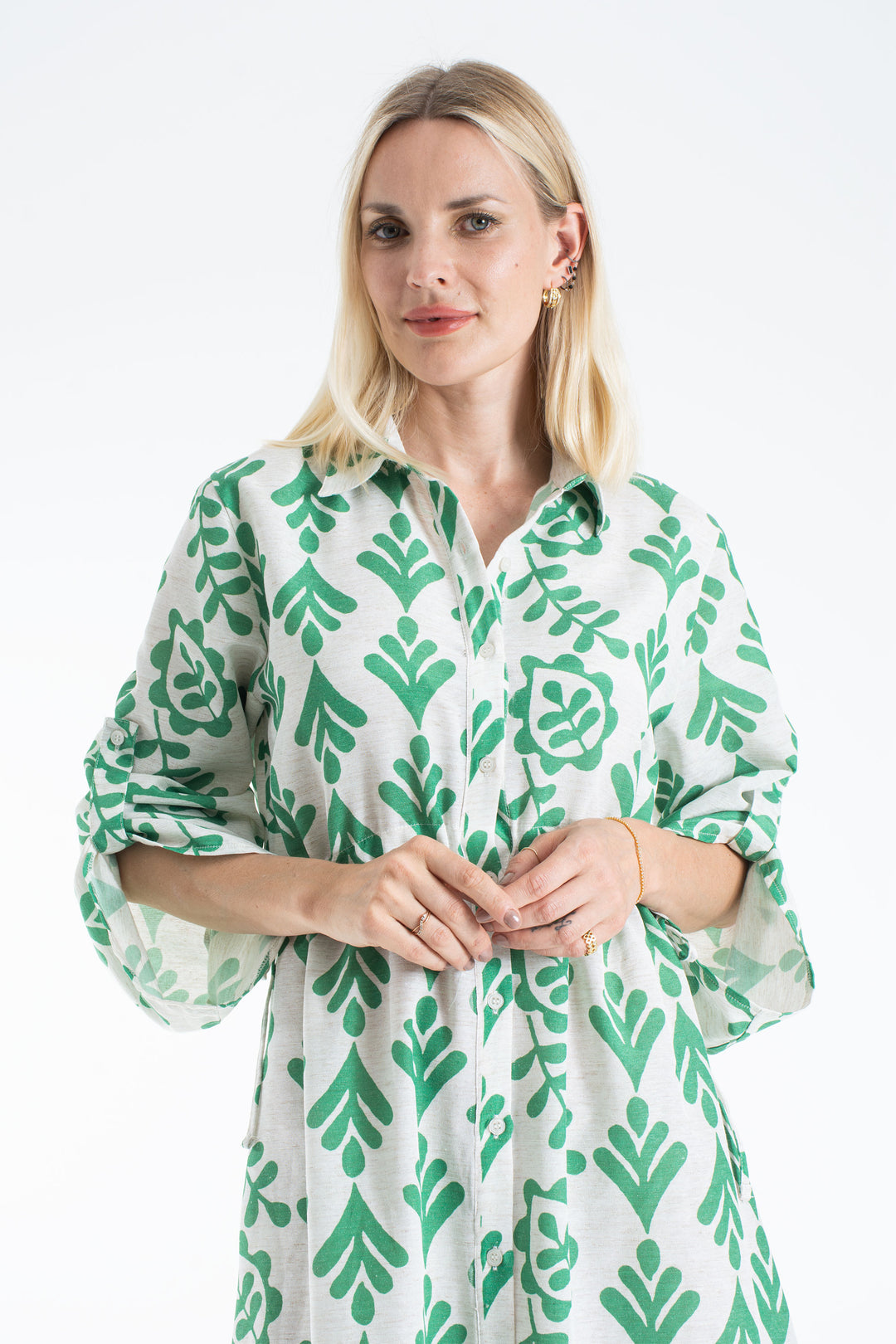 Women’s Linen Blend Leaf Print Midi Shirt Dress - Green