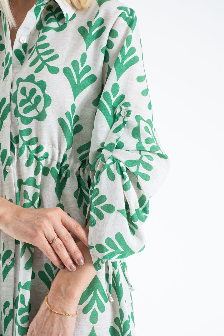 Women’s Linen Blend Leaf Print Midi Shirt Dress - Green