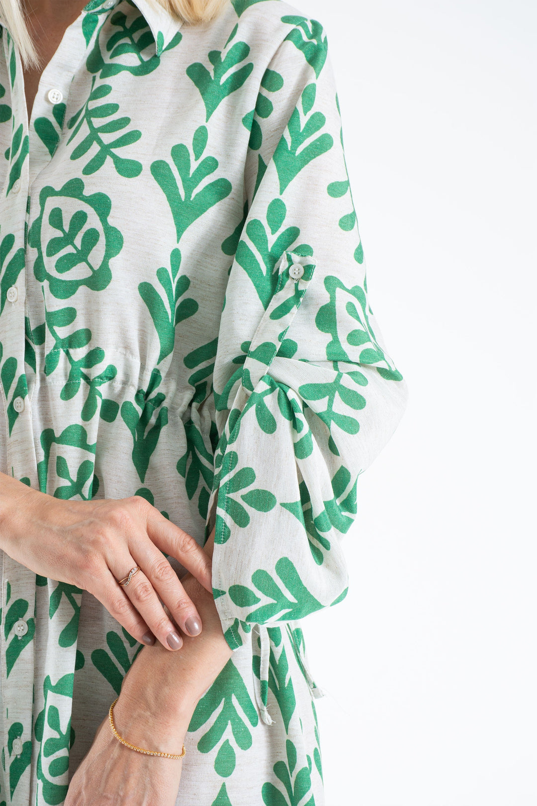 Linen Leaf Print Midi Shirt Dress - Green