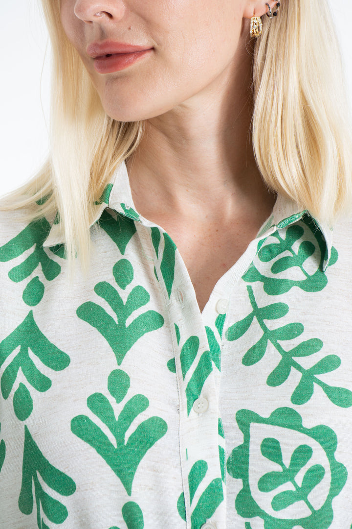 Women’s Linen Blend Leaf Print Midi Shirt Dress - Green