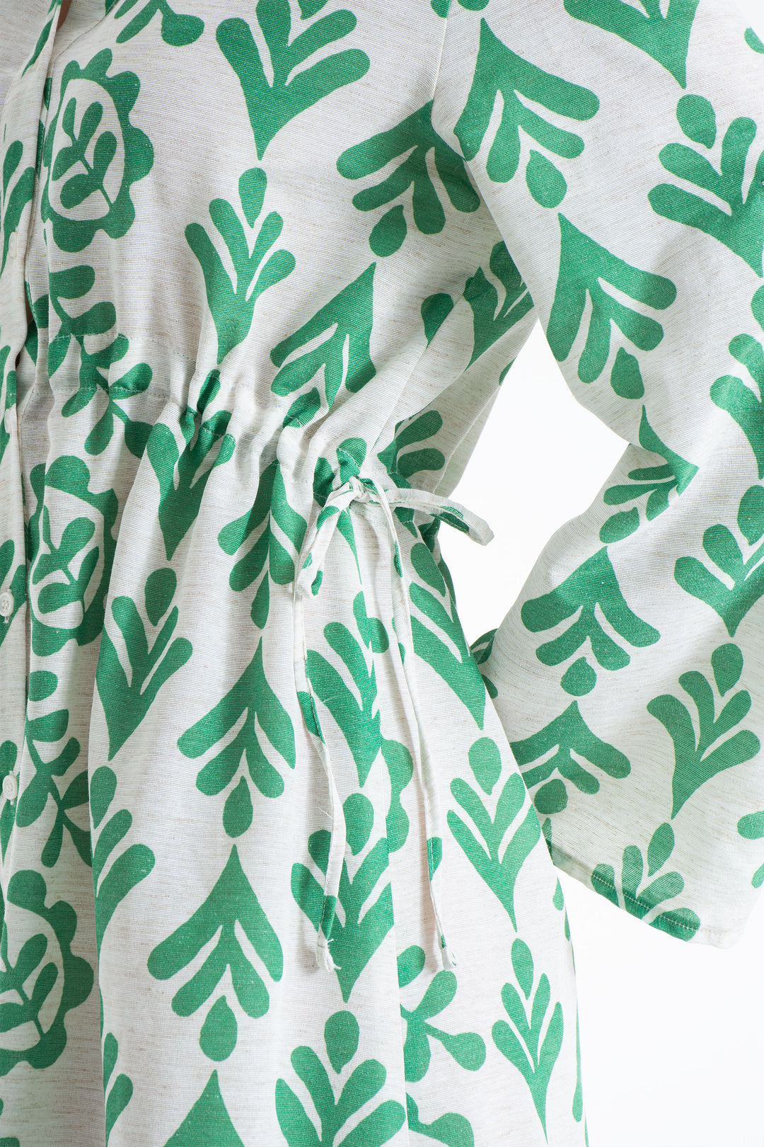 Women’s Linen Blend Leaf Print Midi Shirt Dress - Green