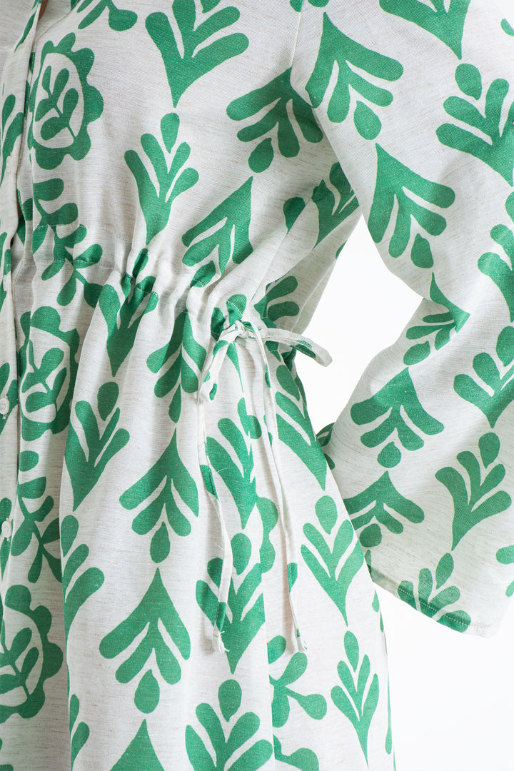 Women’s Linen Blend Leaf Print Midi Shirt Dress - Green