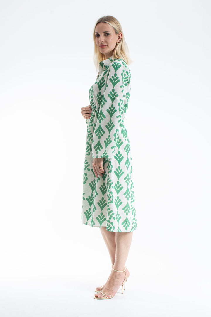 Linen Leaf Print Midi Shirt Dress - Green