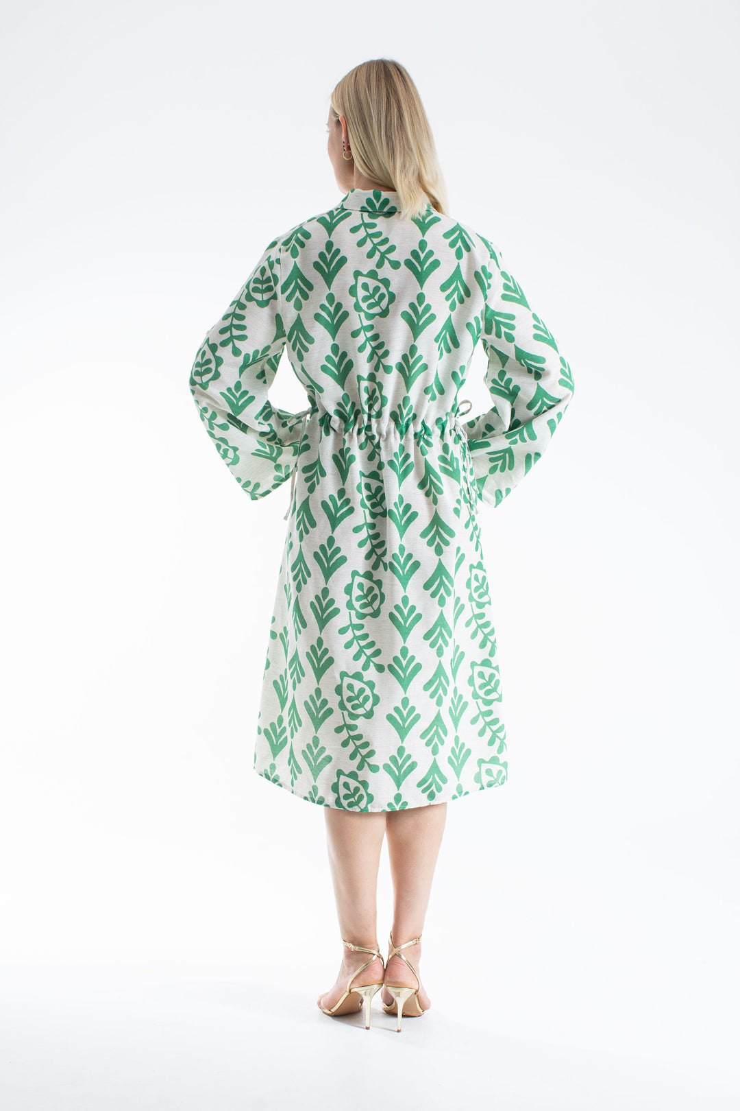 Women’s Linen Blend Leaf Print Midi Shirt Dress - Green