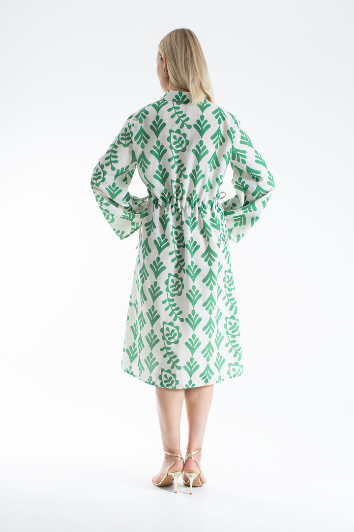 Women’s Linen Blend Leaf Print Midi Shirt Dress - Green
