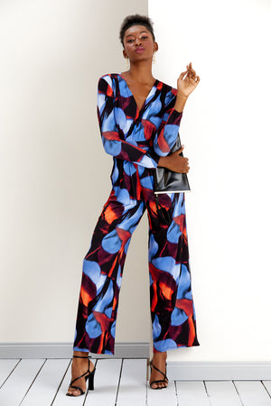 V Neck Long Sleeve Wide leg Jumpsuit in Blue/Red print - jqwholesale.com