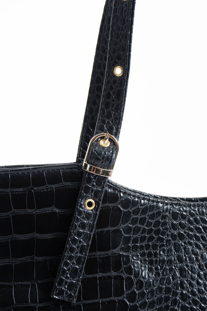 Textured  Pu Leather Tote Bag with Matching Zipper Pouch 2PCS Set - Black
