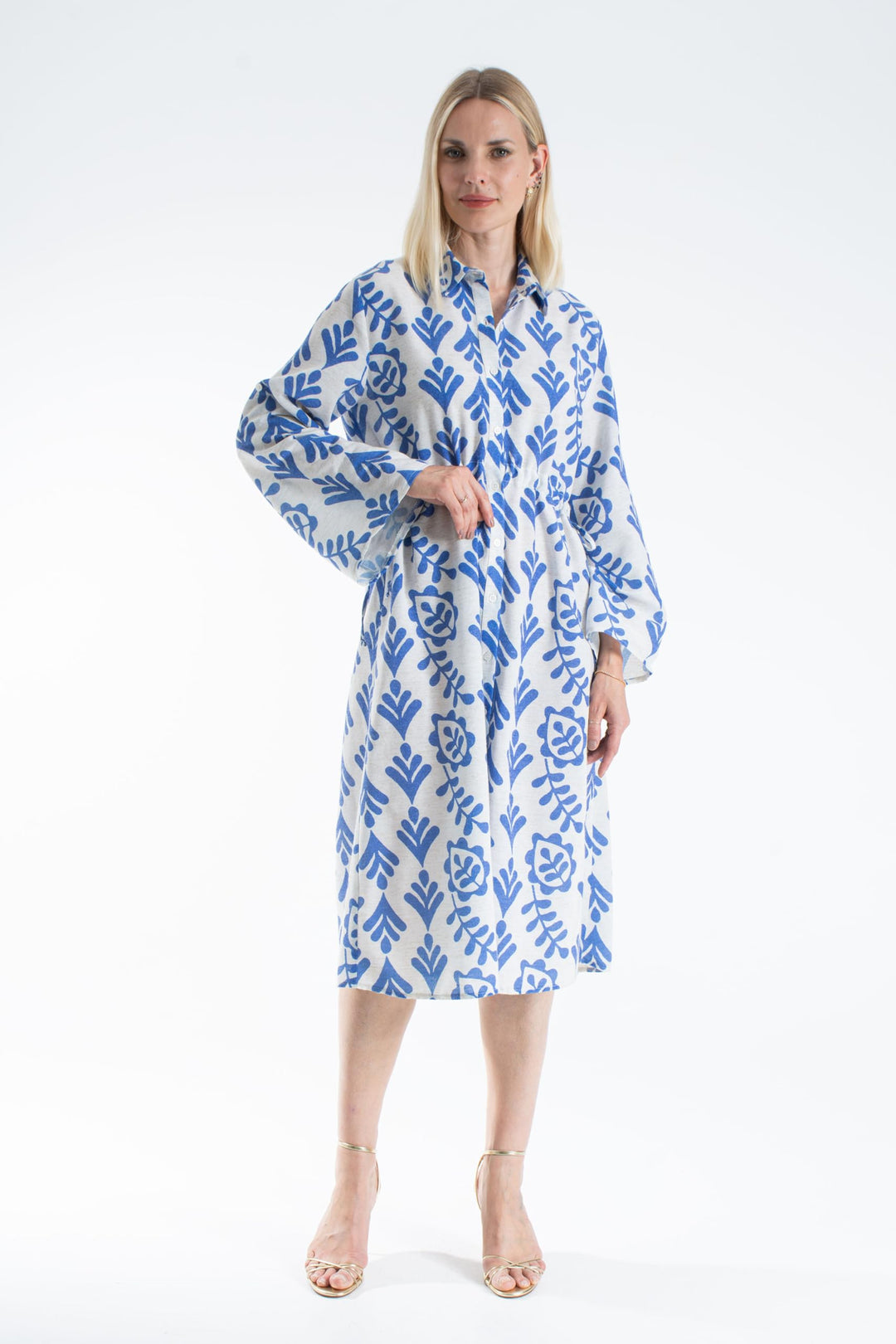 Women’s Linen Blend Leaf Print Midi Shirt Dress - Blue