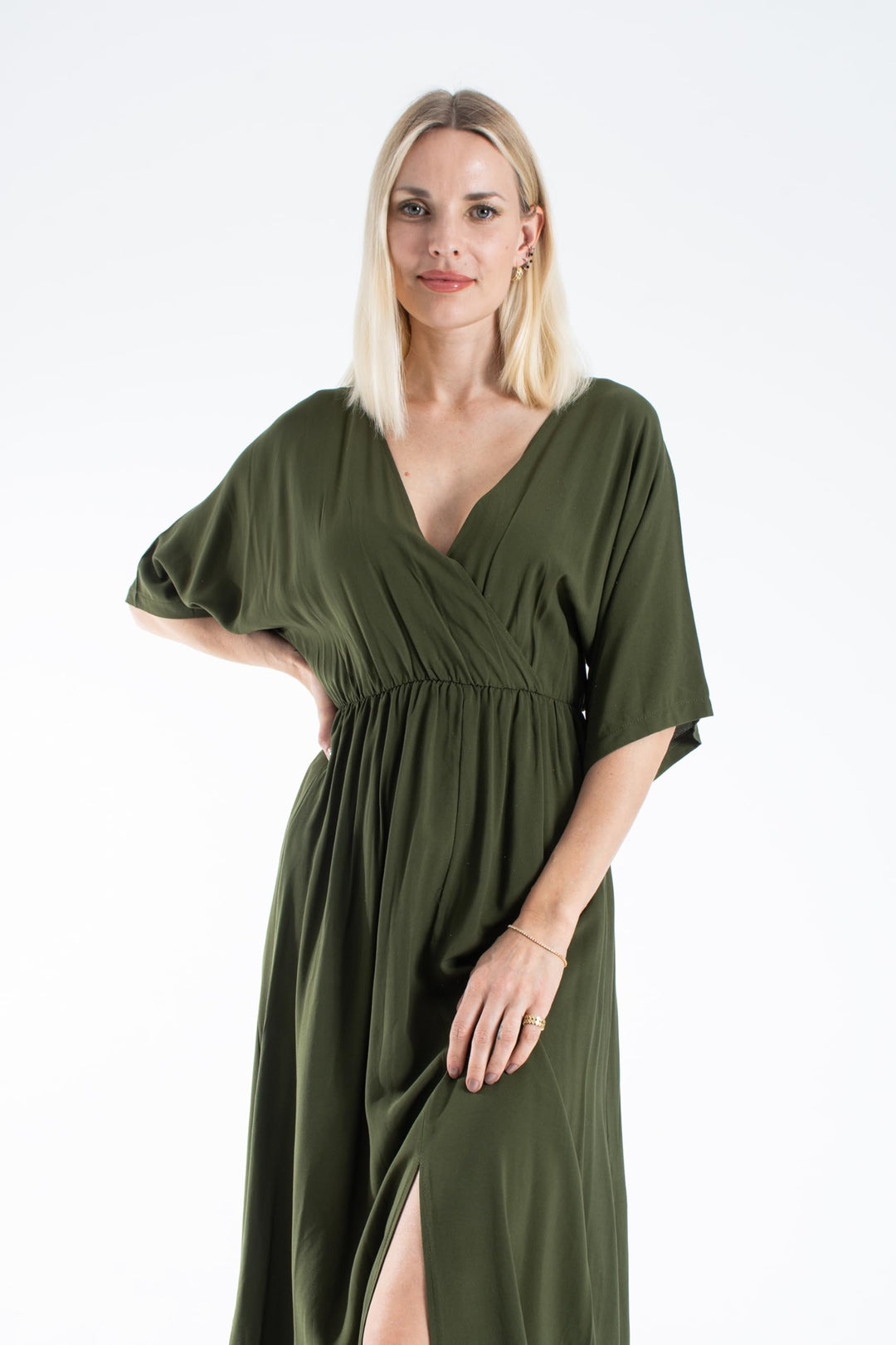 Womens Viscose V Neck Short Sleeve Midi Dress - Black