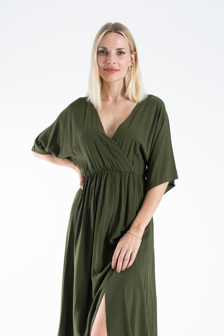Womens Viscose V Neck Short Sleeve Midi Dress - Black