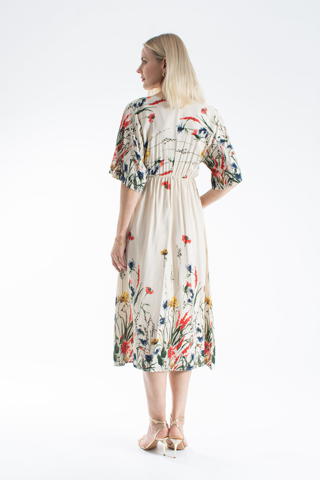 Womens Viscose Floral Print V Neck Short Sleeve Midi Dress