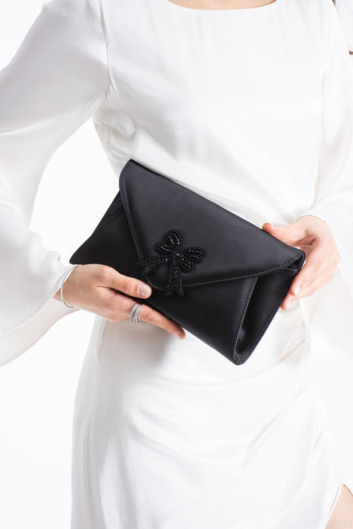 Satin Evening Clutch Bag with Embellishment - Black