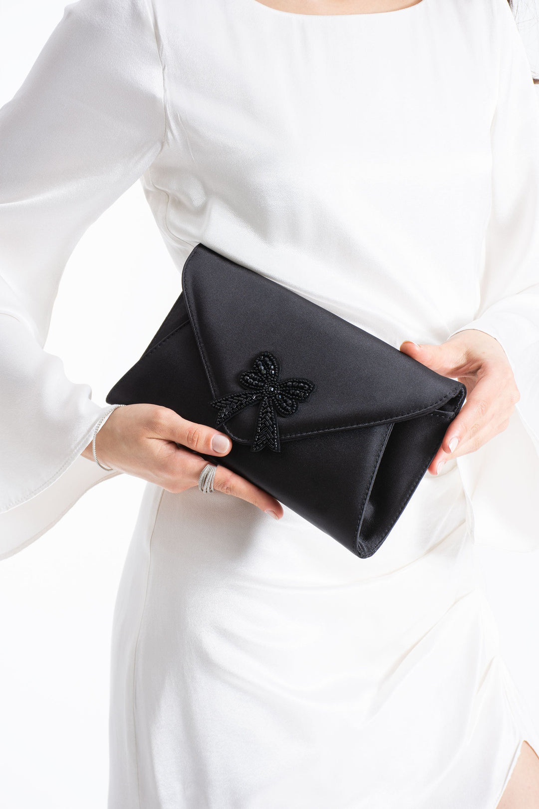 Satin Evening Clutch Bag with Embellishment - Black