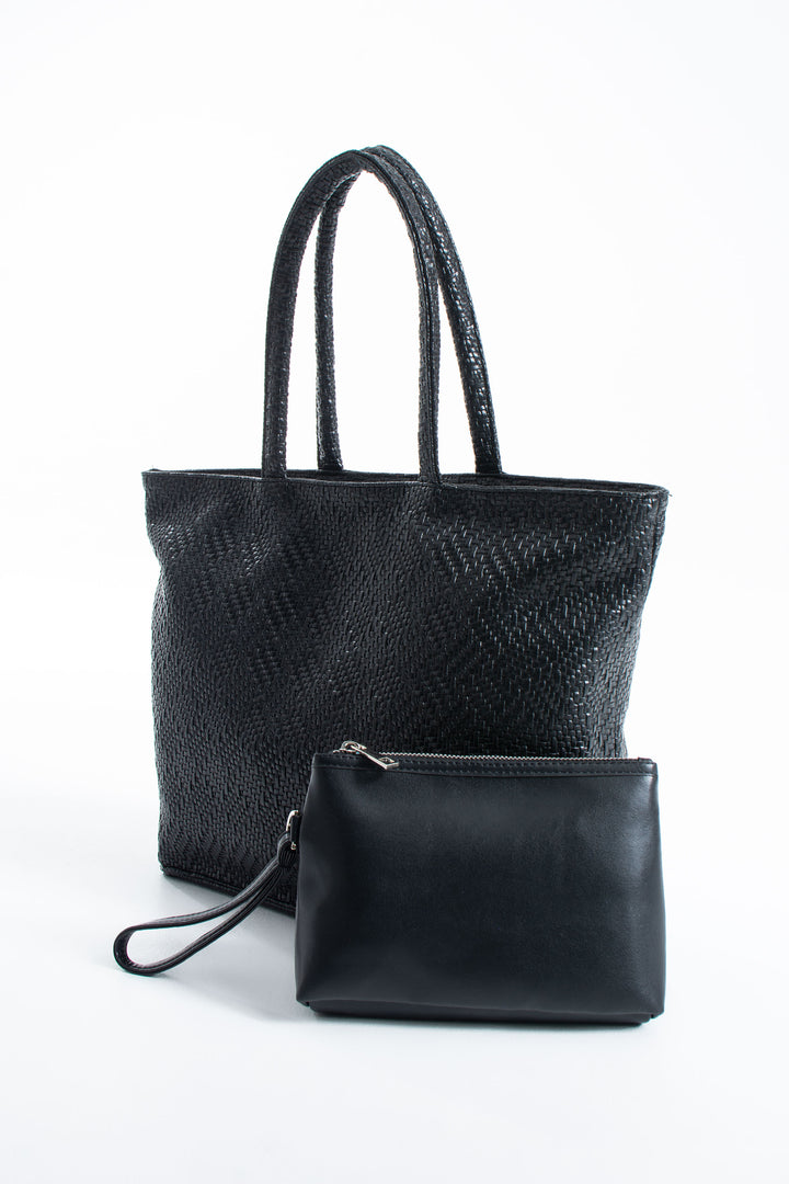 Woven Pu Leather Tote Bag with Matching Zipper Pouch 2PCS Set - Black