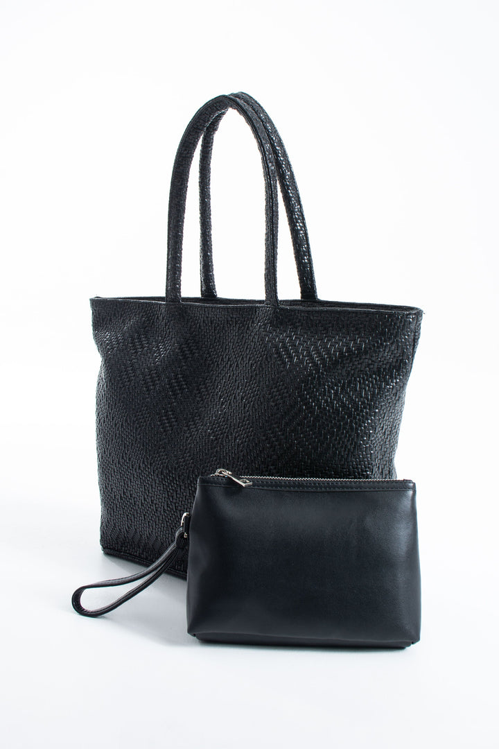 Woven Pu Leather Tote Bag with Matching Zipper Pouch 2PCS Set - Black