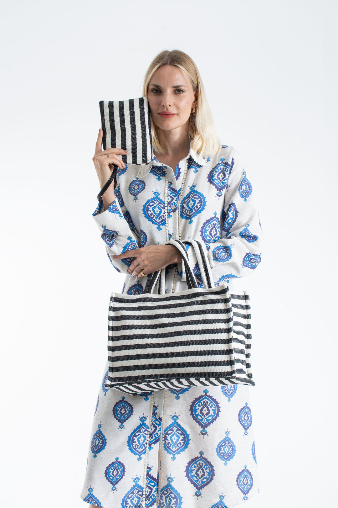 Striped Canvas Summer Tote Bag  with Matching Zipper Pouch 2 Pcs Set