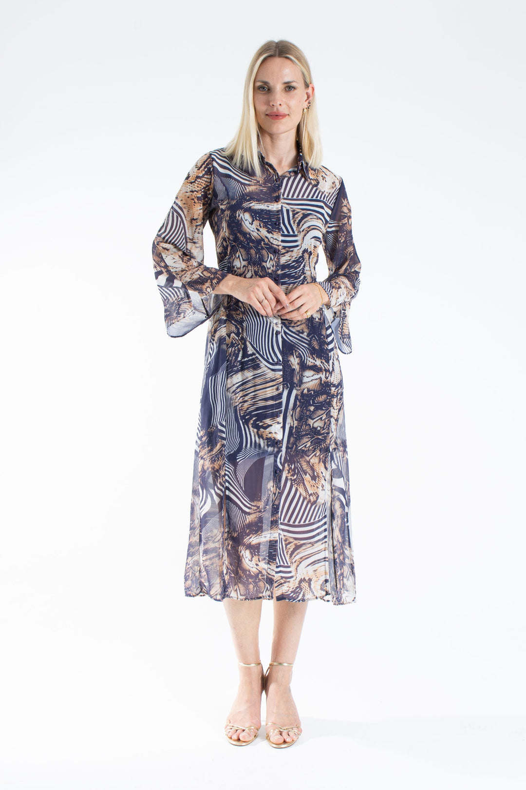 Abstract Print Chiffon Midi Shirt Dress –