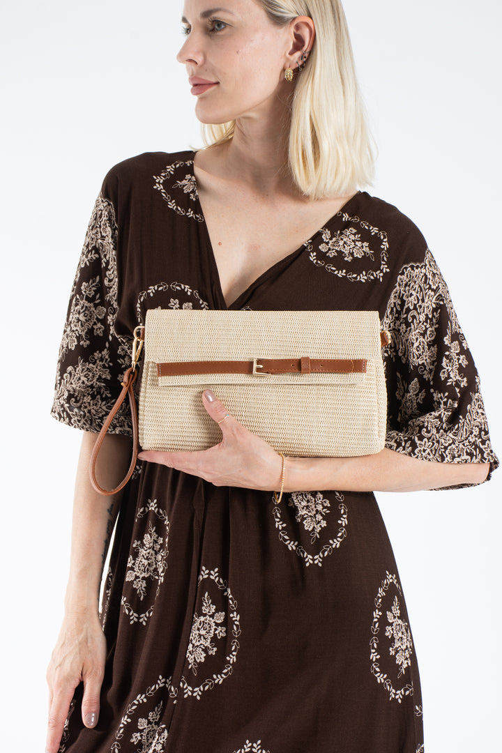 Woven Pu Leather Flap Closure Wristlet & Clutch&Crossbody  3-in-1 - Cream