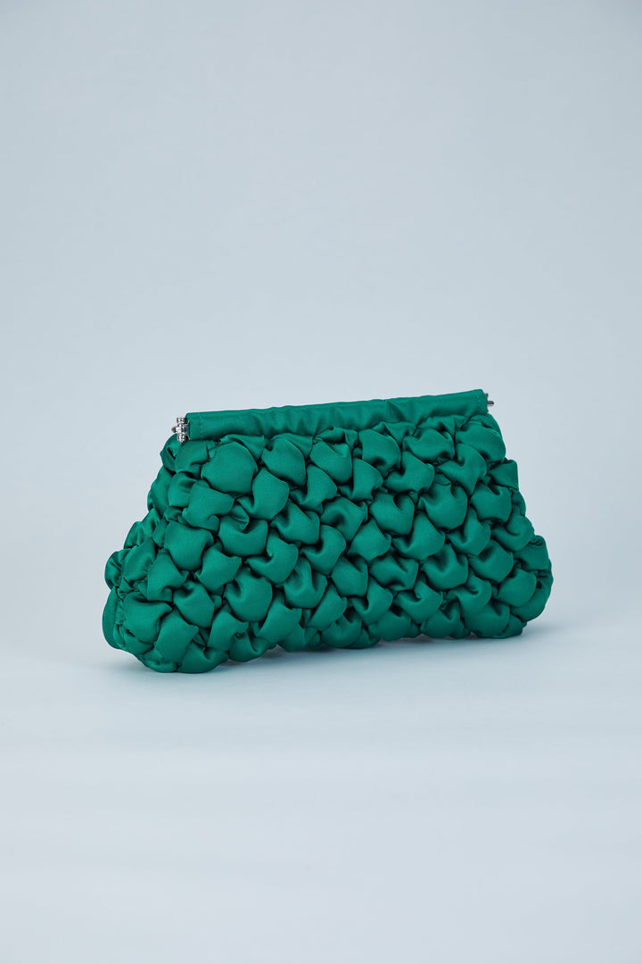 Puffy Quilted Satin Clucth Bag with Detachable Crossbody Strap - Green