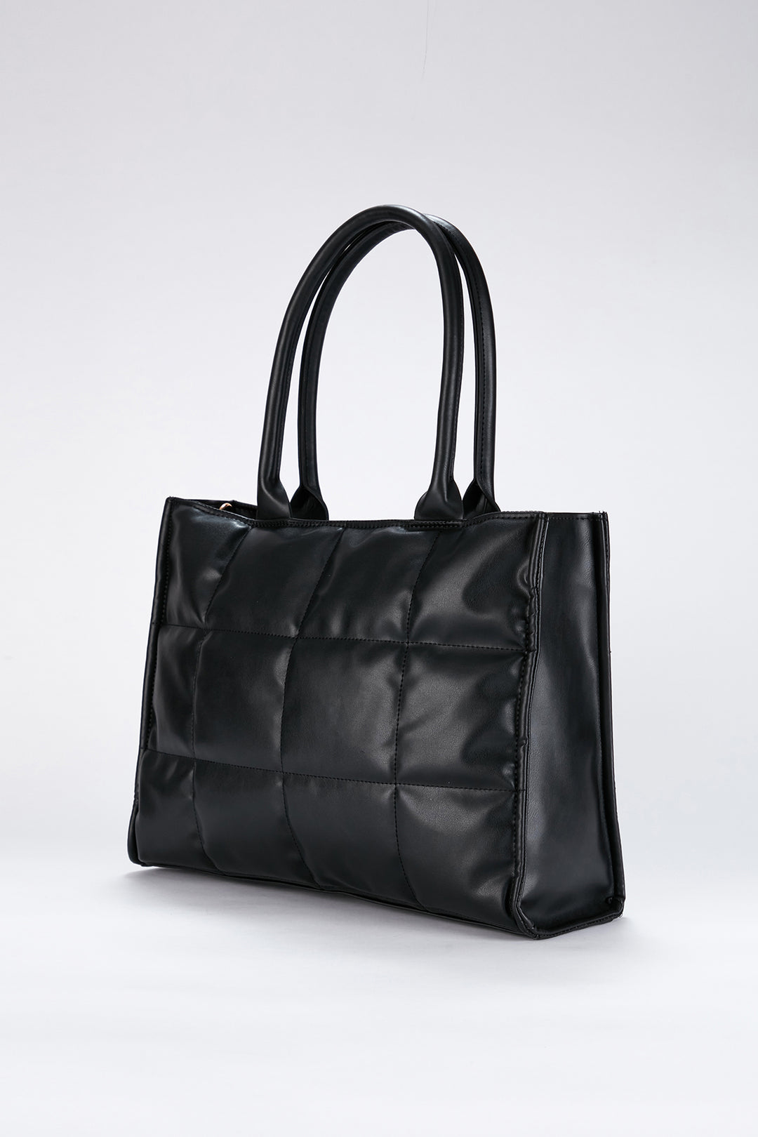 Quilted Pu Leather Tote Bag with Detachable Strap - Black