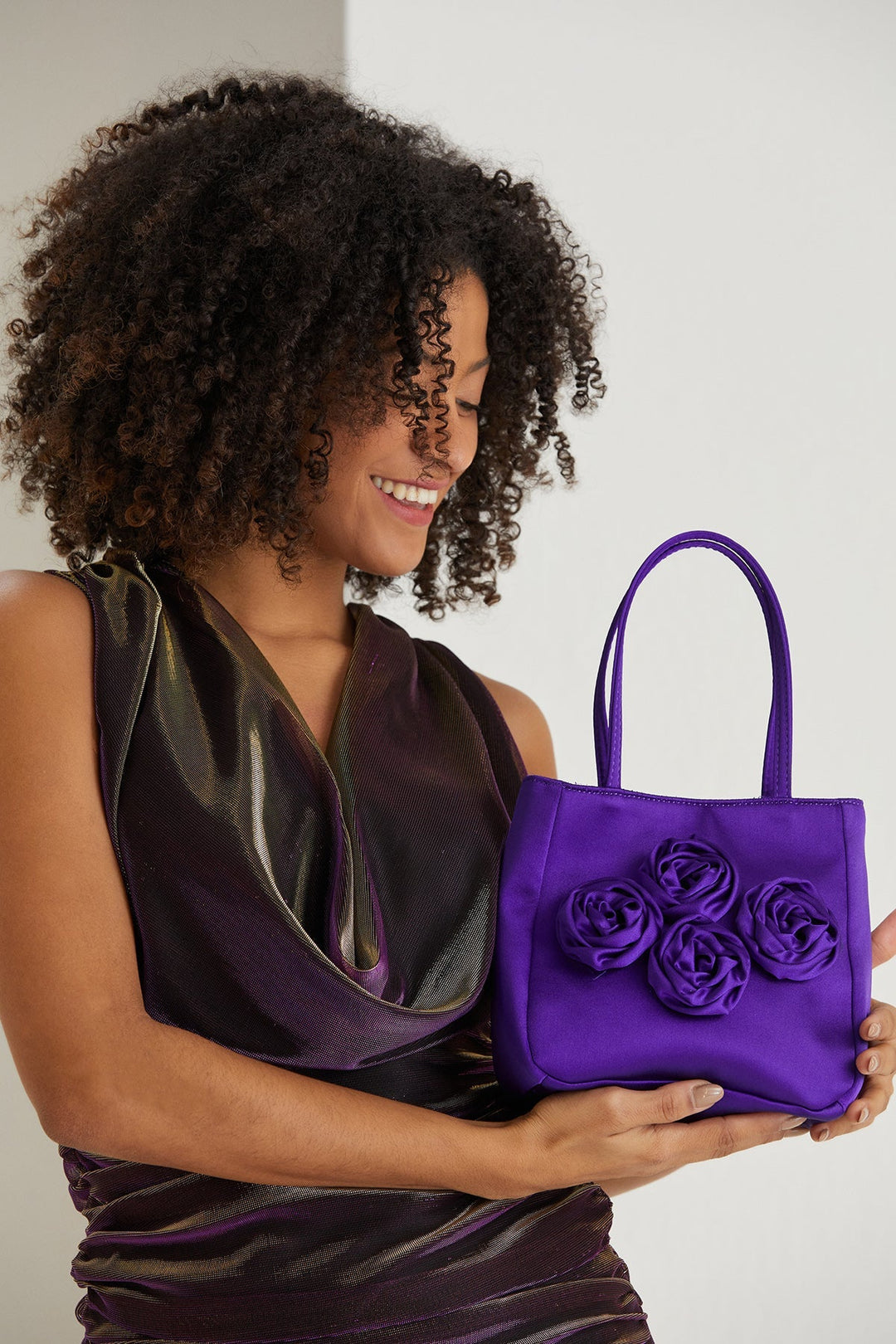 Floral Satin Handbag with Detachable Crossbody Strap - Purple
