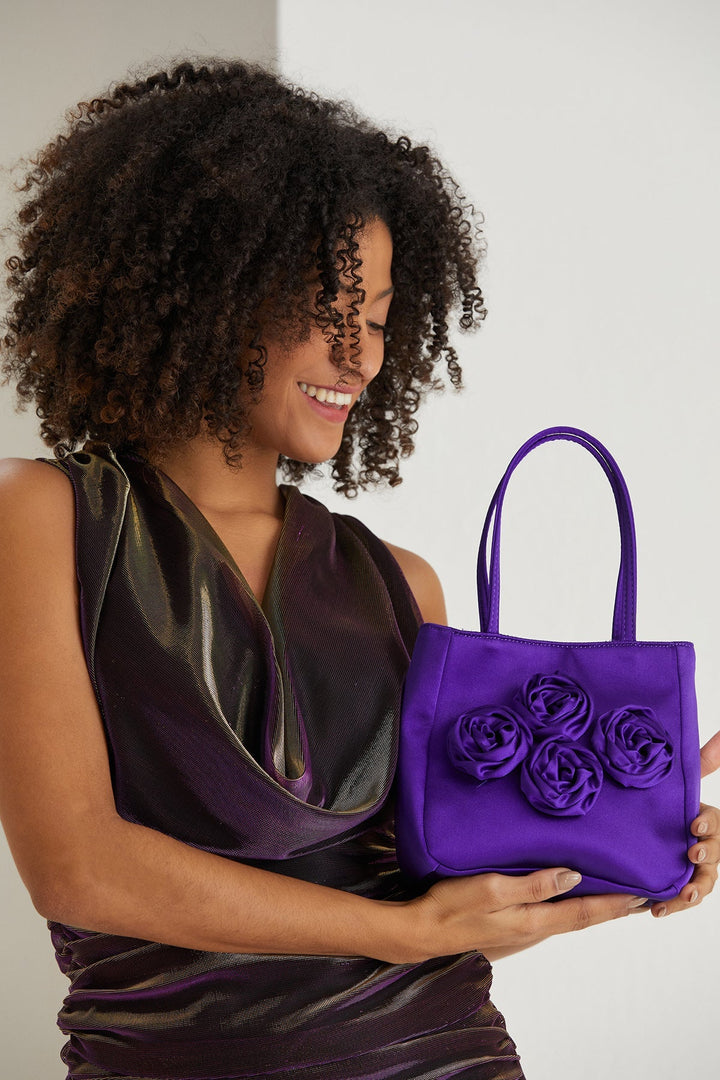 Floral Satin Handbag with Detachable Crossbody Strap - Purple