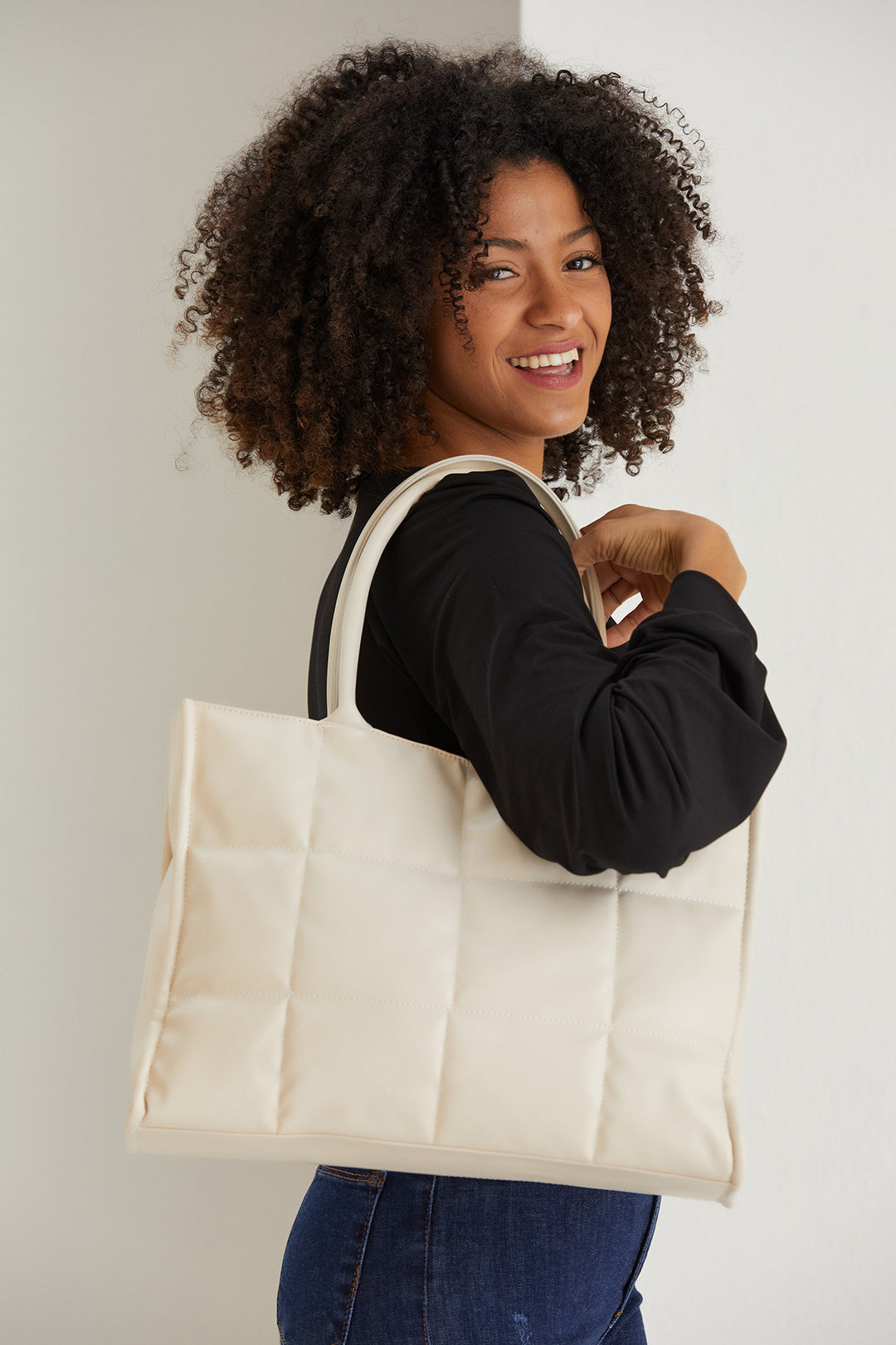 Quilted Cream Tote Bag with Handles