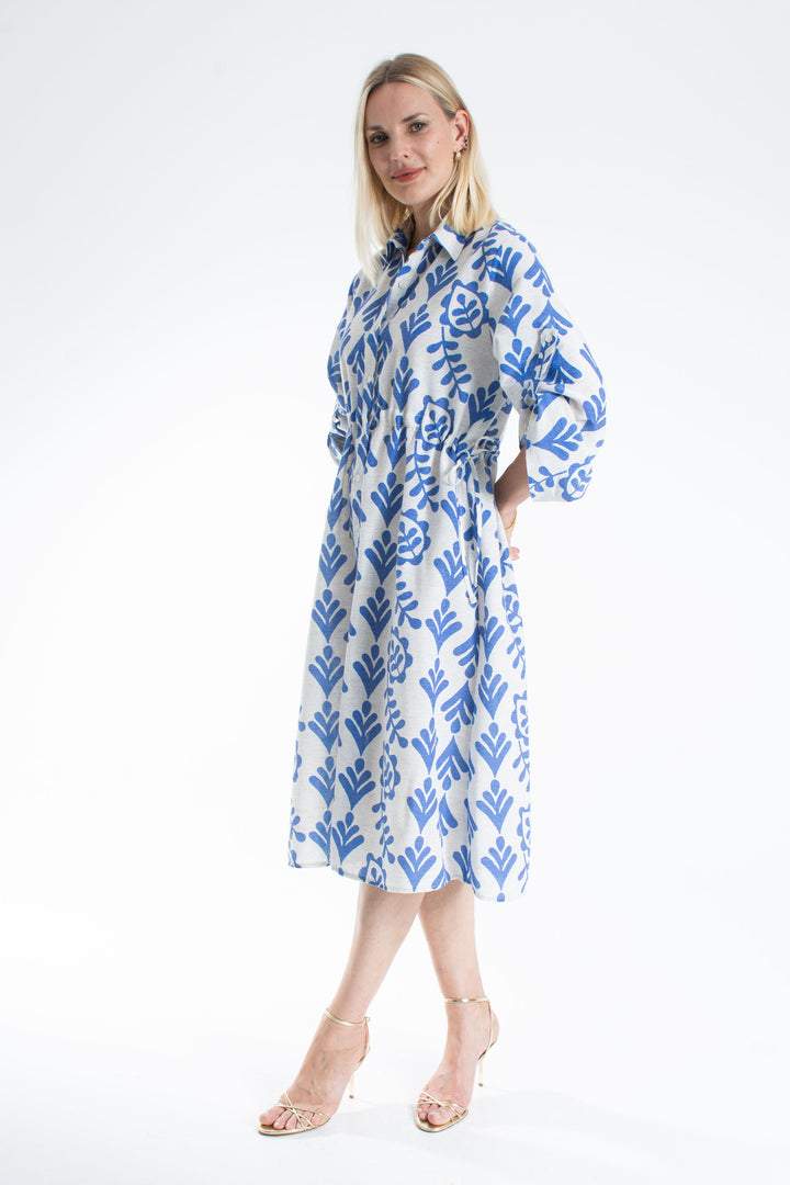 Women’s Linen Blend Leaf Print Midi Shirt Dress - Blue