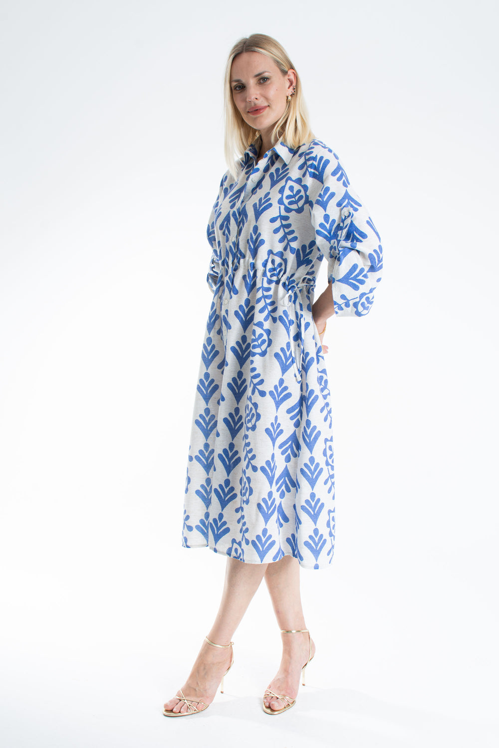 Women’s Linen Blend Leaf Print Midi Shirt Dress - Green