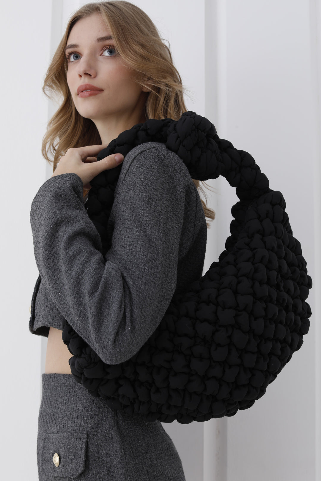 Puffy Quilted Lightweight Large Shoulder Bag - Black