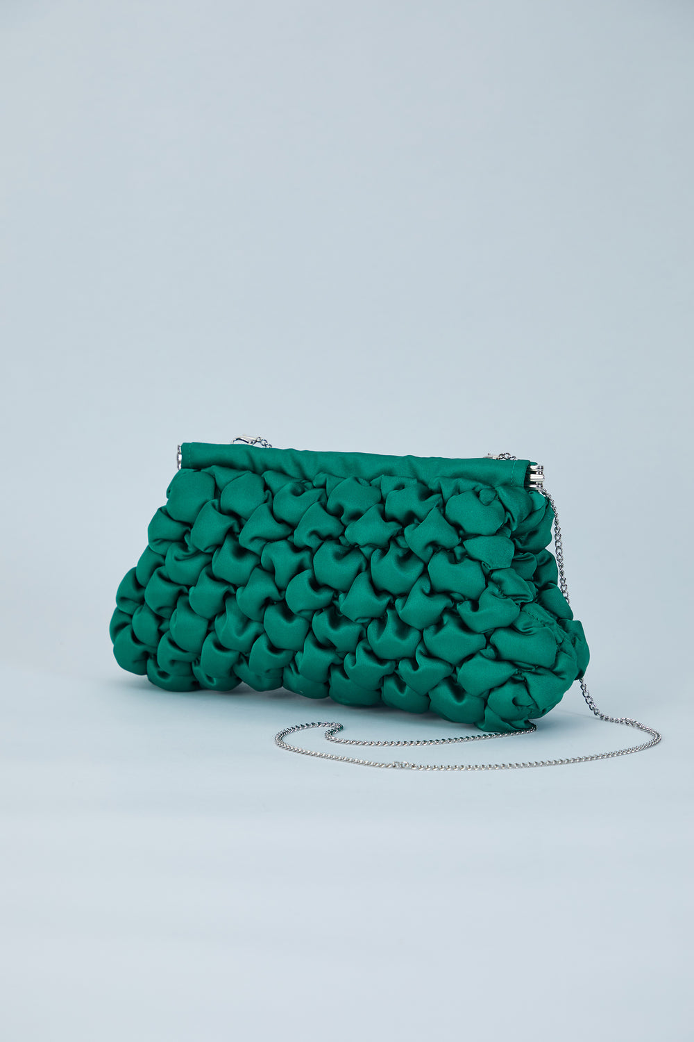 Puffy Quilted Satin Clucth Bag with Detachable Crossbody Strap - Green