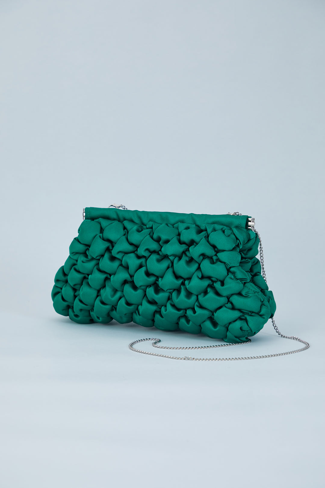 Puffy Quilted Satin Clucth Bag with Detachable Crossbody Strap - Green