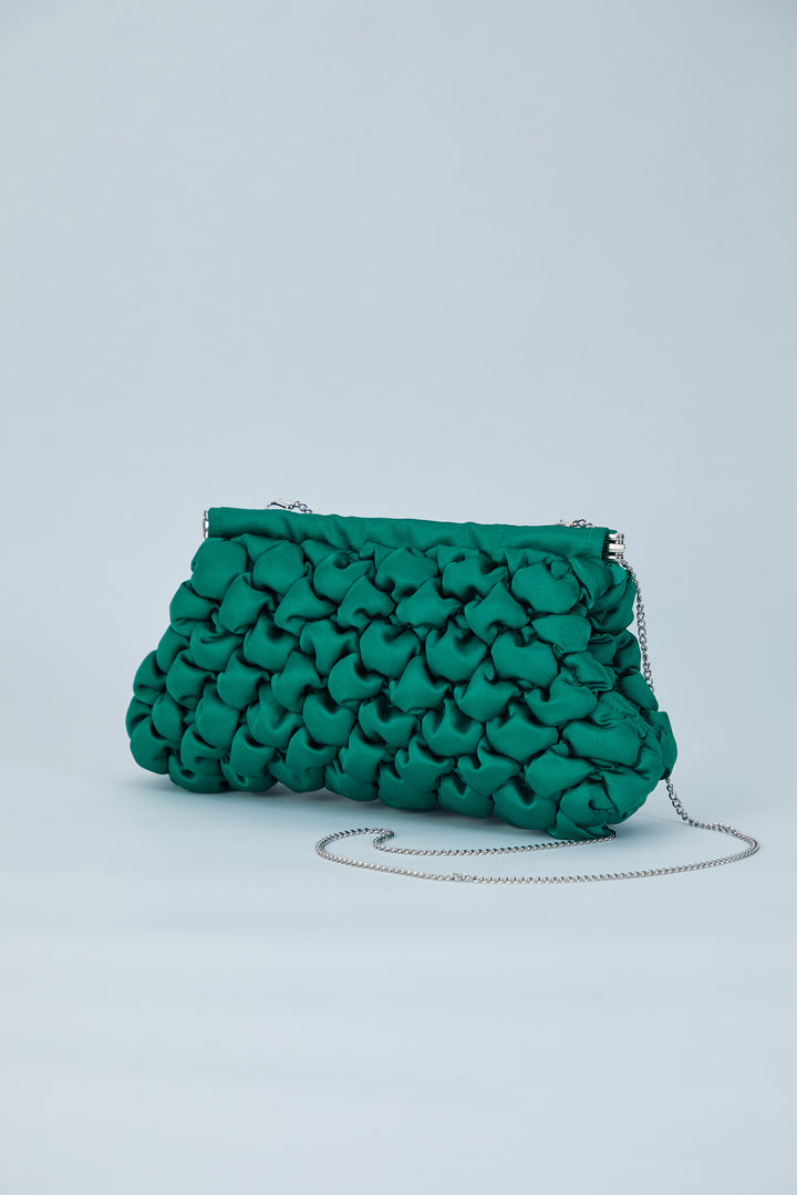 Puffy Quilted Satin Clucth Bag with Detachable Crossbody Strap - Green