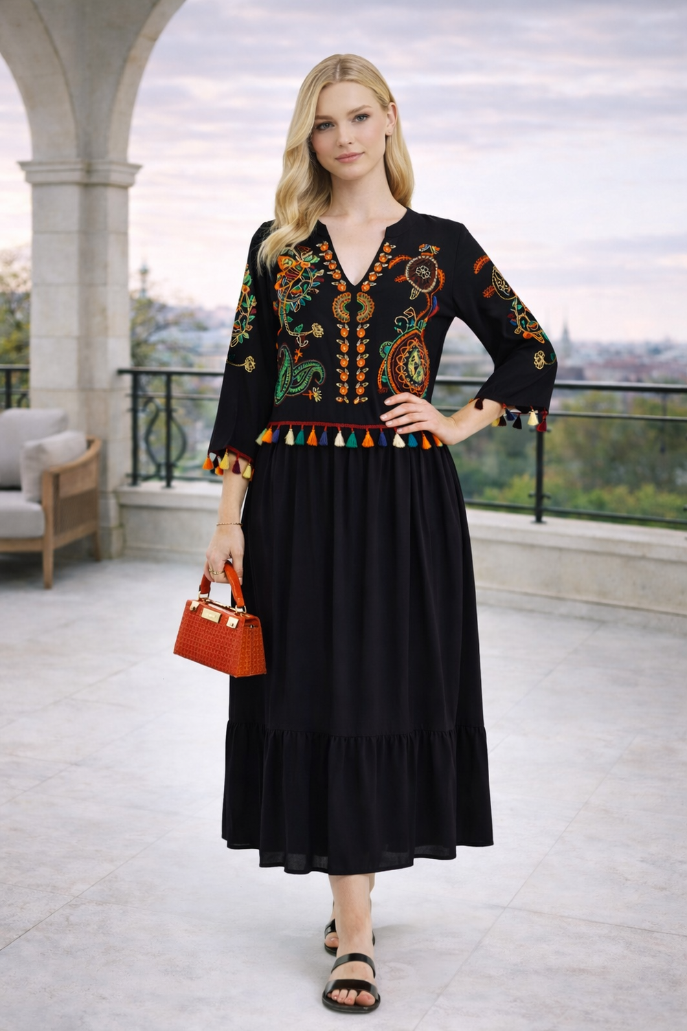 Embroidered Tiered Midi Dress with V-Neck Design in Black - jqwholesale.com