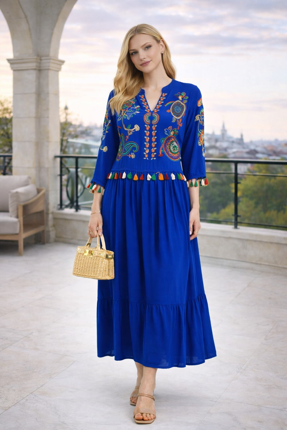 Embroidered Tiered Midi Dress with V-Neck Design in Blue - jqwholesale.com