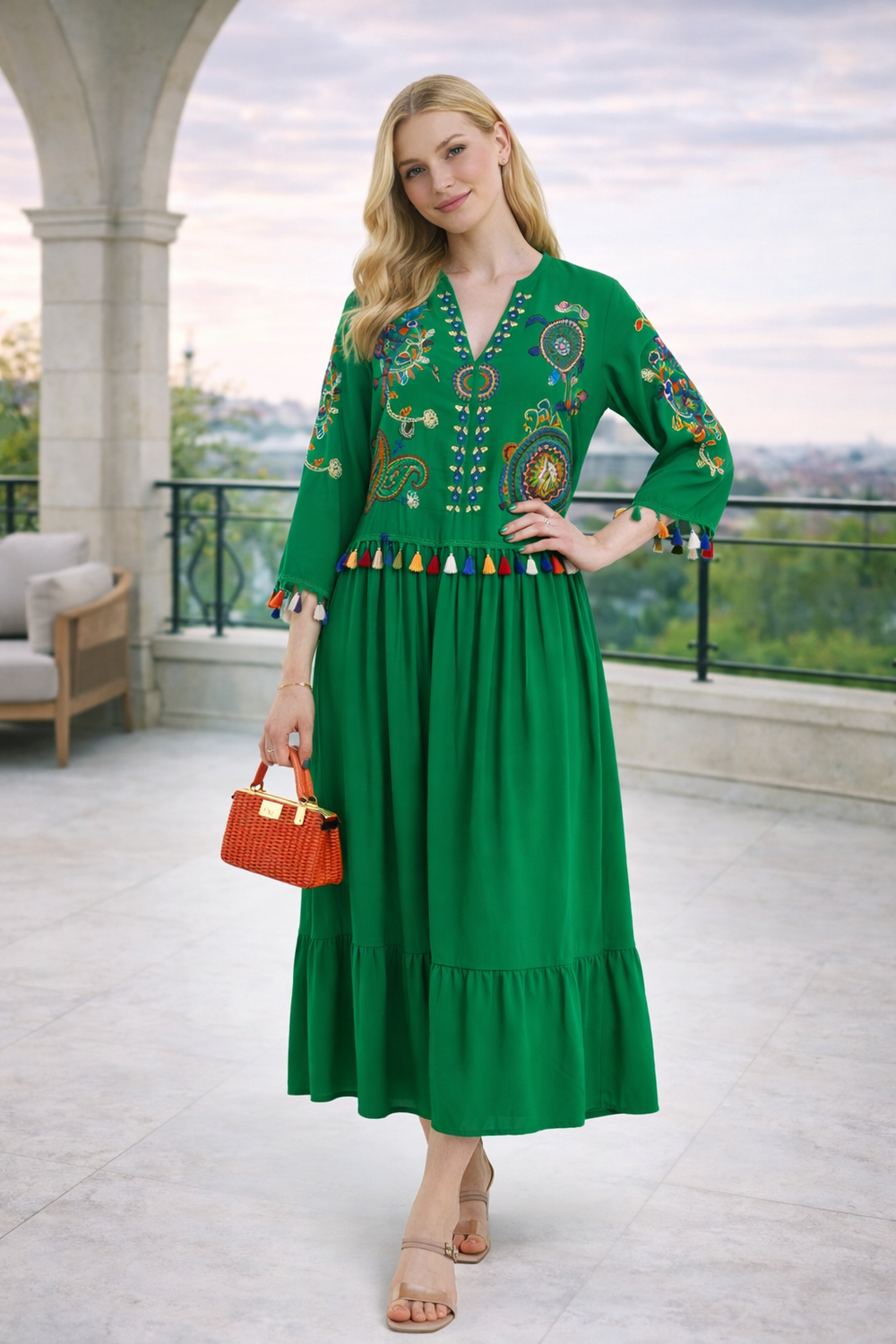 Embroidered Tiered Midi Dress with V-Neck Design in Green - jqwholesale.com