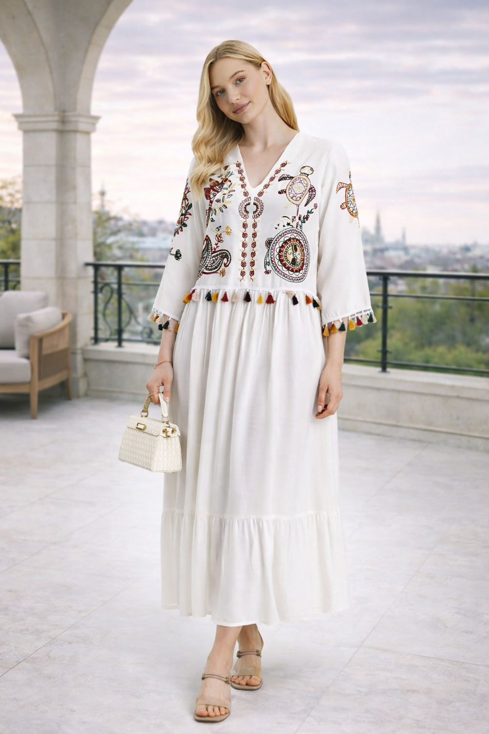 Embroidered Tiered Midi Dress with V-Neck Design in White - jqwholesale.com