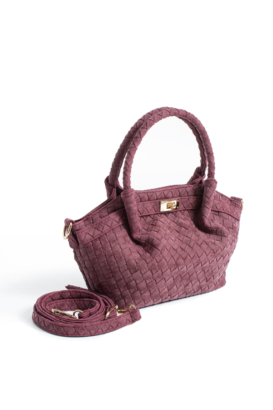 Woven Suede Top Handle Crossbody Bag with Twist Lock Detail - Burgundy