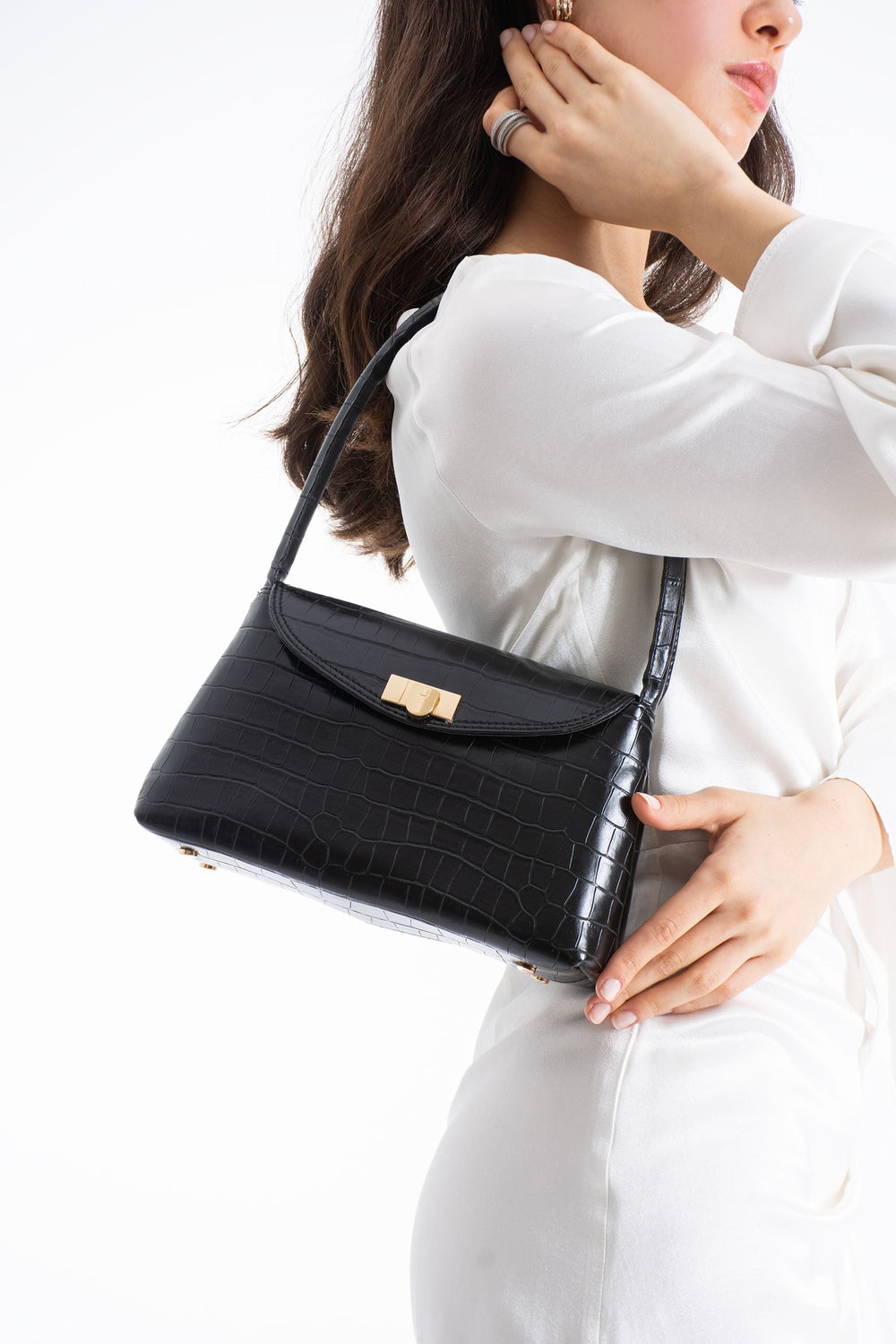 Croc Pu Flap Shoulder Bag - Black