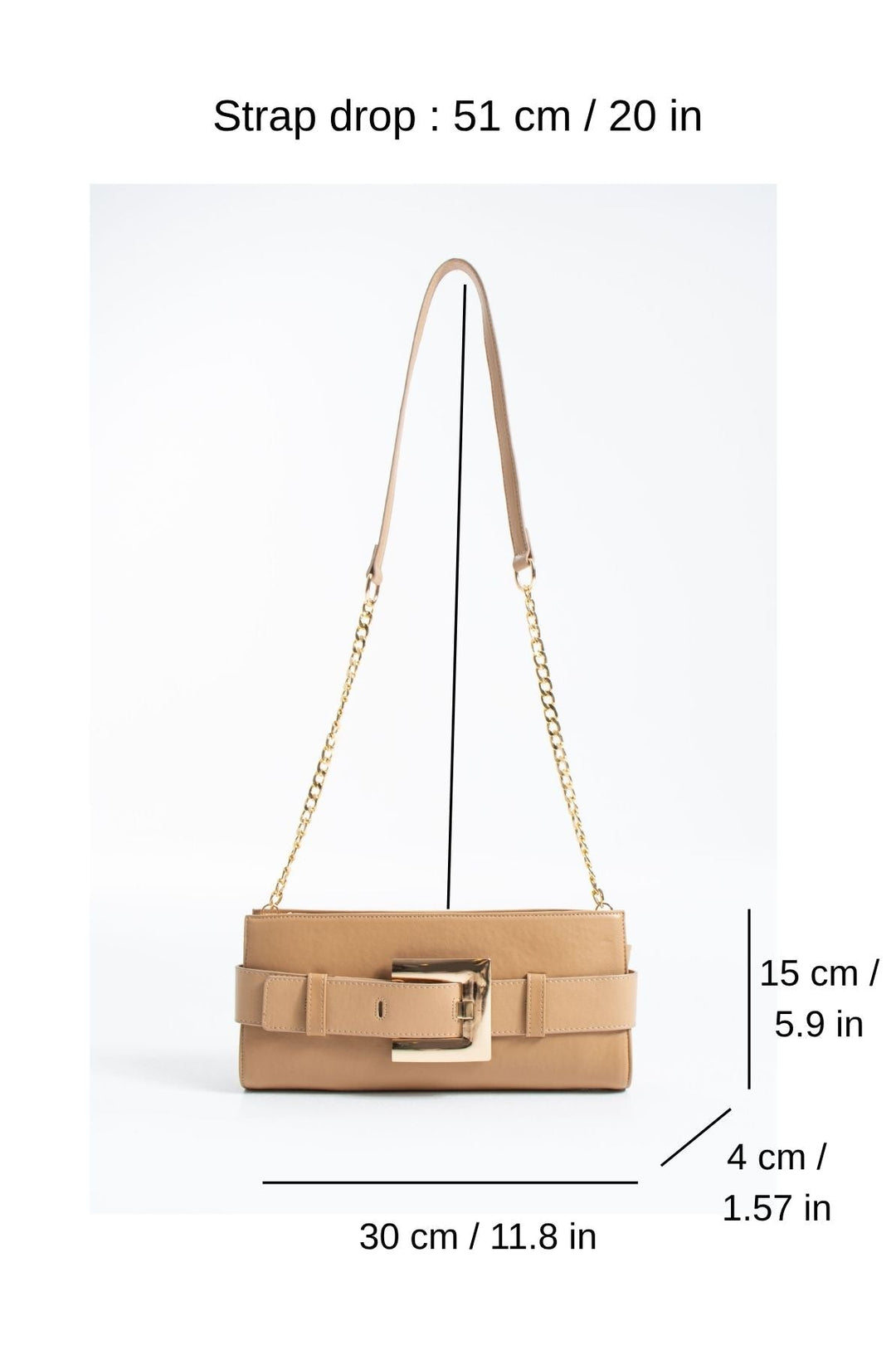 PU Leather Shoulder & Clutch Bag with Large Gold Buckle - Nude