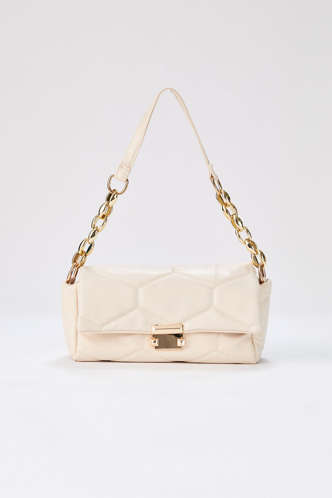 Quilted Pu Leather Shoulder Bag - Beige