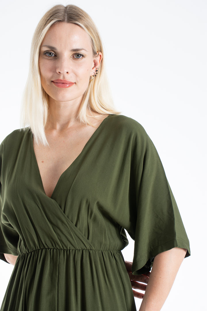 Womens Viscose V Neck Short Sleeve Midi Dress - Black