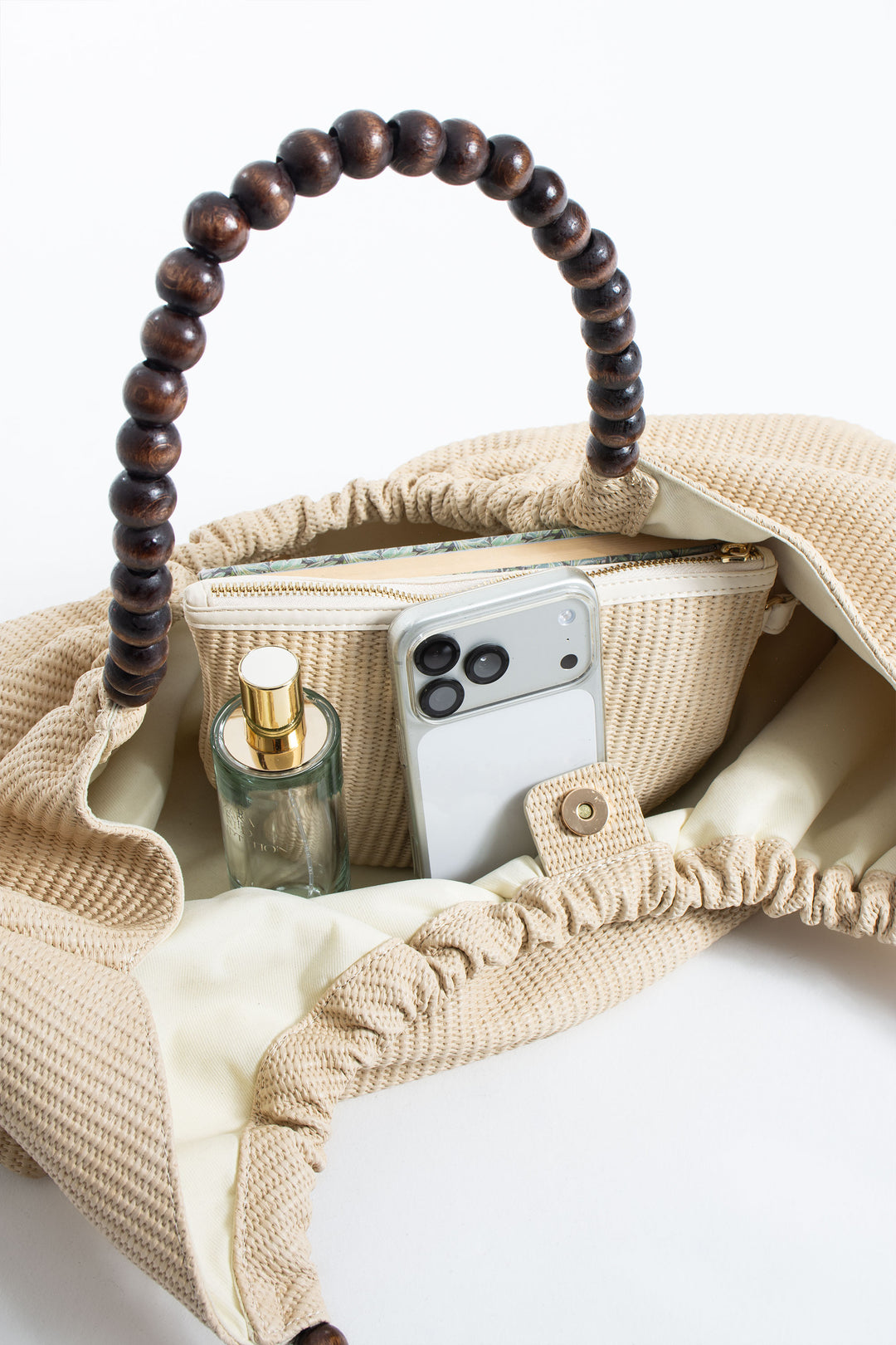 Woven PU Leather Slouchy Tote with Beaded Strap 2PCS Set - Cream