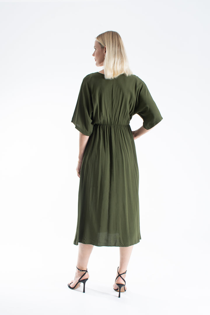 Womens Viscose V Neck Short Sleeve Midi Dress - Khaki