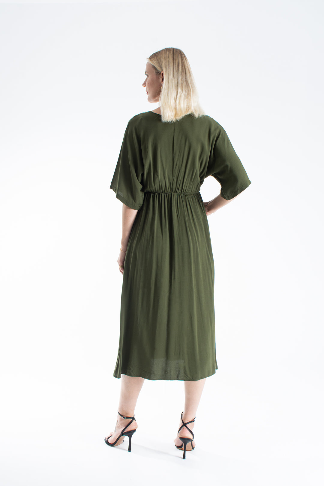 Womens Viscose V Neck Short Sleeve Midi Dress - Black