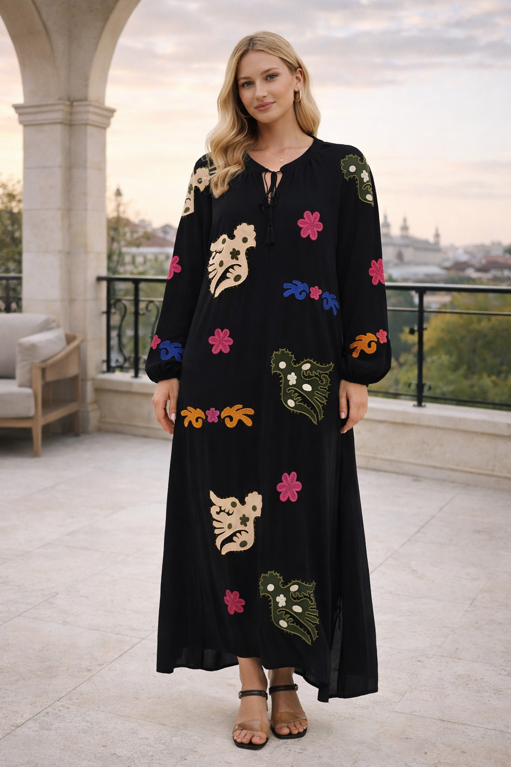 Embroidered Maxi Dress with Statement Motifs in Black - jqwholesale.com