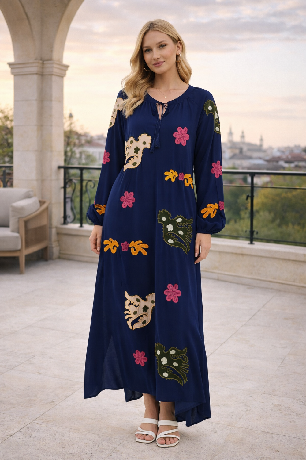 Embroidered Maxi Dress with Statement Motifs in Navy Blue - jqwholesale.com