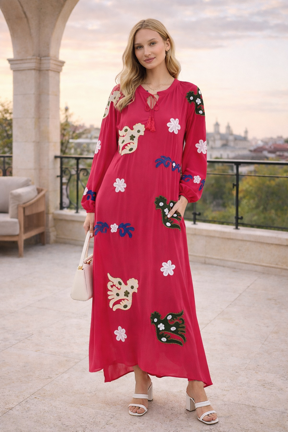 Embroidered Maxi Dress with Statement Motifs in Pink - jqwholesale.com